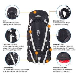 QuickUP Hiking Sırt Çantası 65 Litre-SİYAH-GRİ - 3